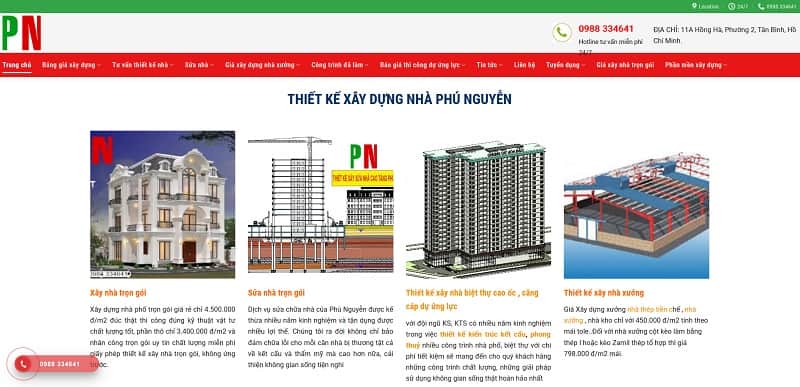 Trang chủ websie công ty xây dựng nhà Phú Nguyên TPHCM
