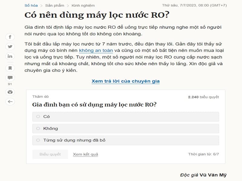 Có nên dùng máy lọc nước RO? - Theo vnexpress.net - Có Nên Dùng Máy Lọc Nước Lõi Lọc RO? Có nên dùng máy lọc nước RO? - Theo vnexpress.net